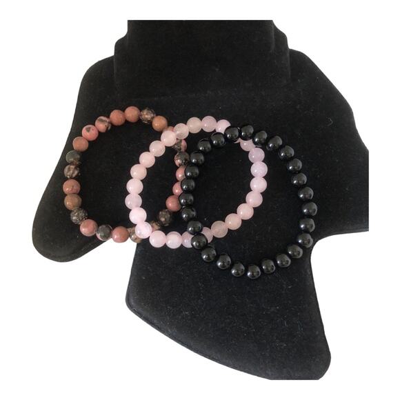 Handmade Three NIP Natural Stone Beaded Stretch Stackable Wrist Bracelets - Picture 2 of 8